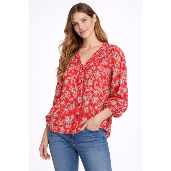 Democracy Tops - Democracy Red Floral Paisley‎ Ruffle V-Neck Button Front Blouse Large Boho L